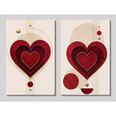 Très grand ensemble de 2 impressions sur toile romantiques modernes sur toile de cœur rouge, décorations sur le thème de l'amour, impression sur toile 24 x 36 pouces - prêt à être accroché