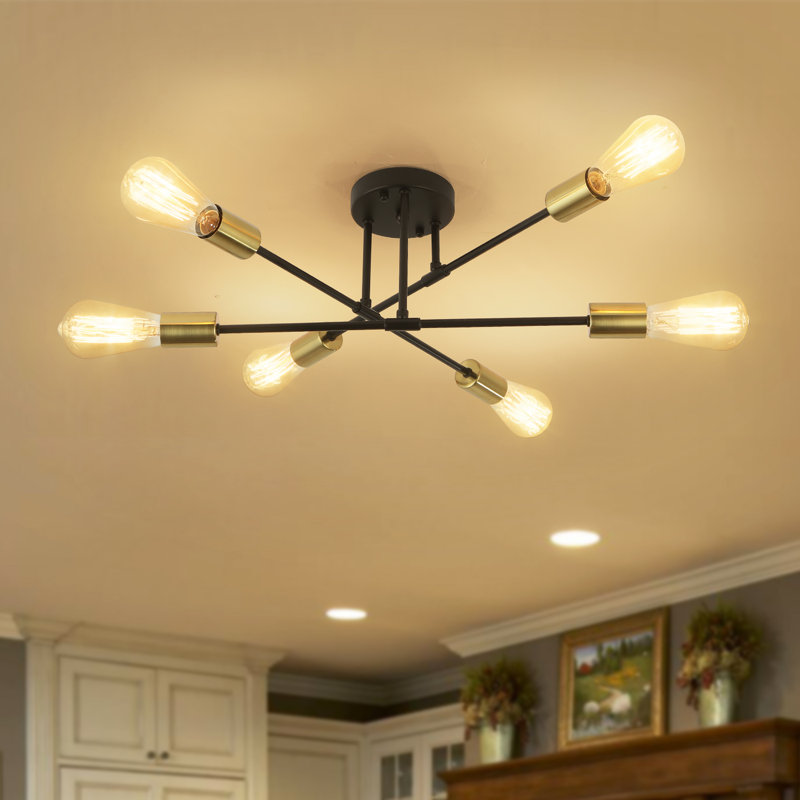 Dorae 6 - Light Dimmable Sputnik Modern Linear Chandelier Semi Flush Mount Ceiling Light, Black/Gold