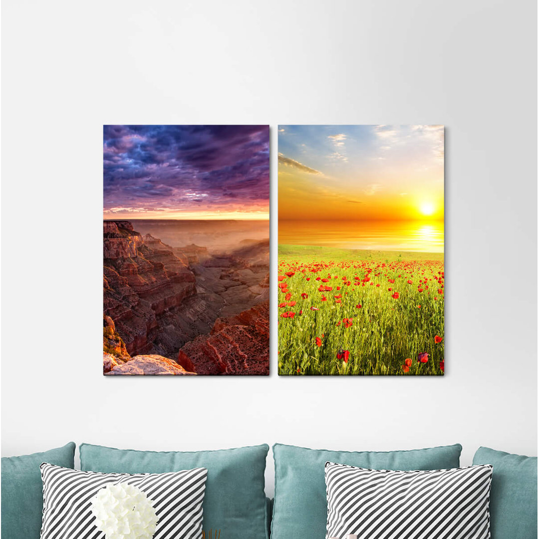 2-tlg. Leinwandbilder-Set - Grafikdruck „Blowball Butterfly Sun Summer Sunset Sunshine Sky”