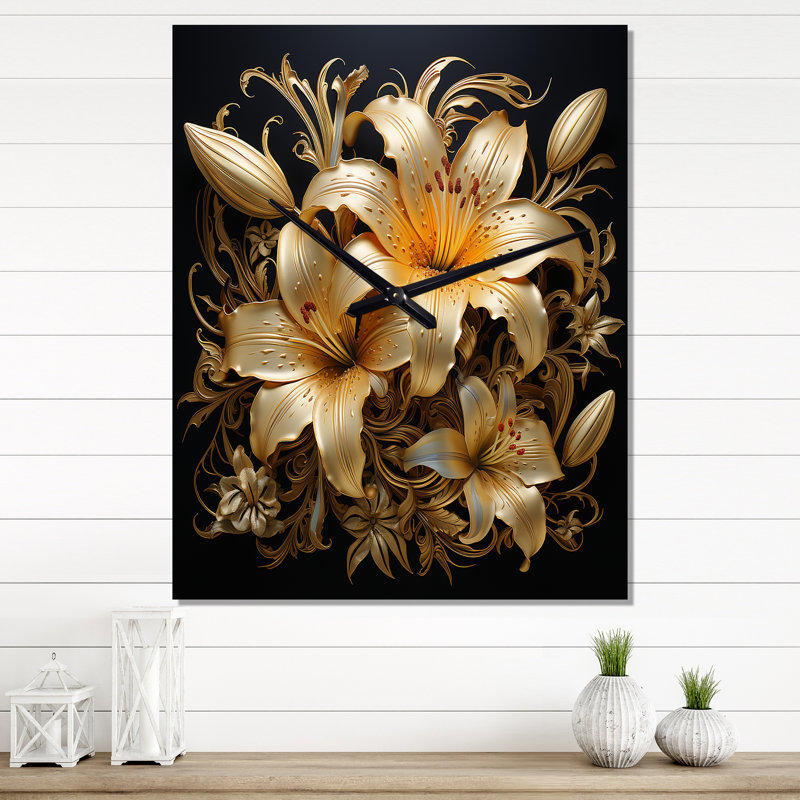 Golden Lily Flower Glam V - Lily Wall Clock, Small