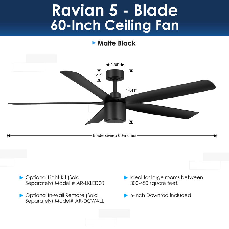RAVIAN 5-Blade Ceiling Fan With Remote - (No Light), 60", Matte Black