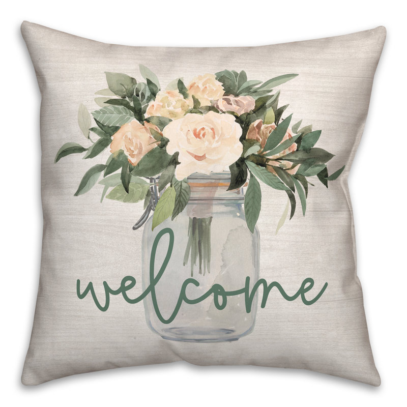 Welcome Jar Of Flowers Floral Throw Pillow