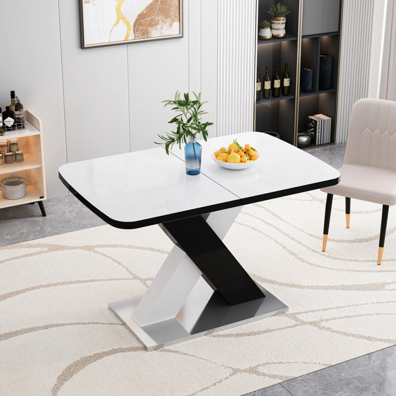 Table de salle à manger extensible moderne carrée, plateau de table blanc + pied noir et base en métal, capacité de charge de 220 lb, assemblage facile, conception à mouvement constant, roulement supérieur, requis