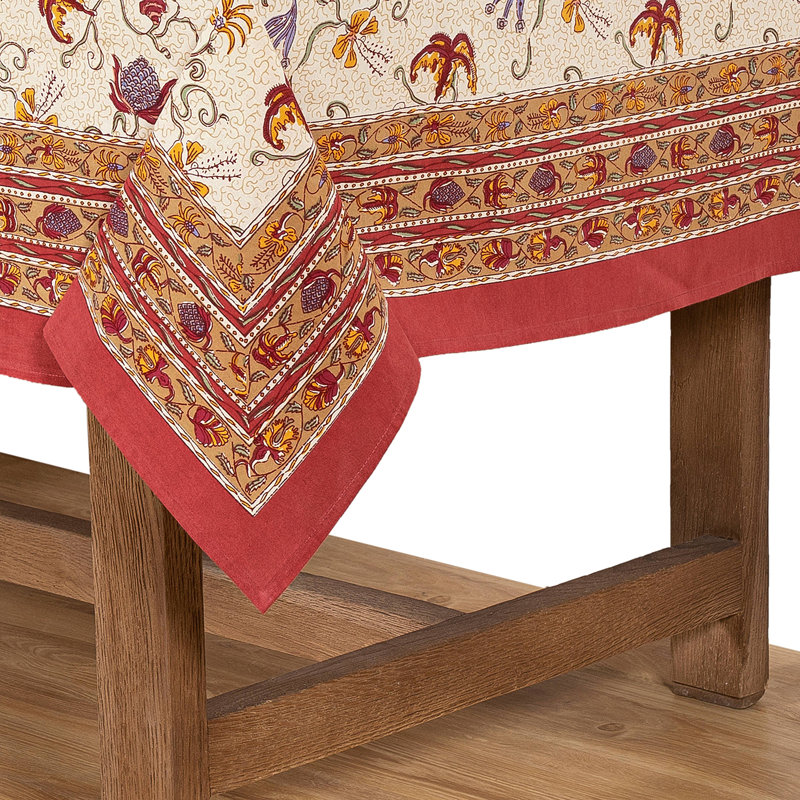 Fleurs Des Indes Handmade Floral Tablecloth, 71" W x 106" L, Red/White