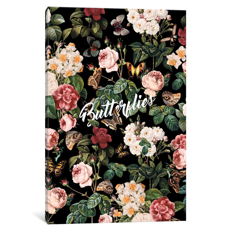 Fleurs et papillons, impression sur toile tendue, H 26 po x l 18 po x P 1,5 po, Toile tendue, Pas de tapis