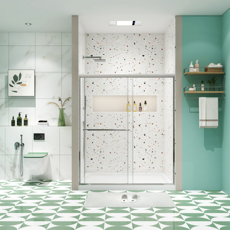 Porte de douche à dérivation, porte coulissante, avec verre trempé de 1/4 po, Chrome