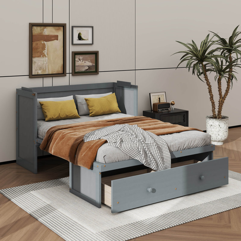 Lit escamotable spacieux avec rangement de tiroir intégré pour les essentiels, Grand lit, Gris