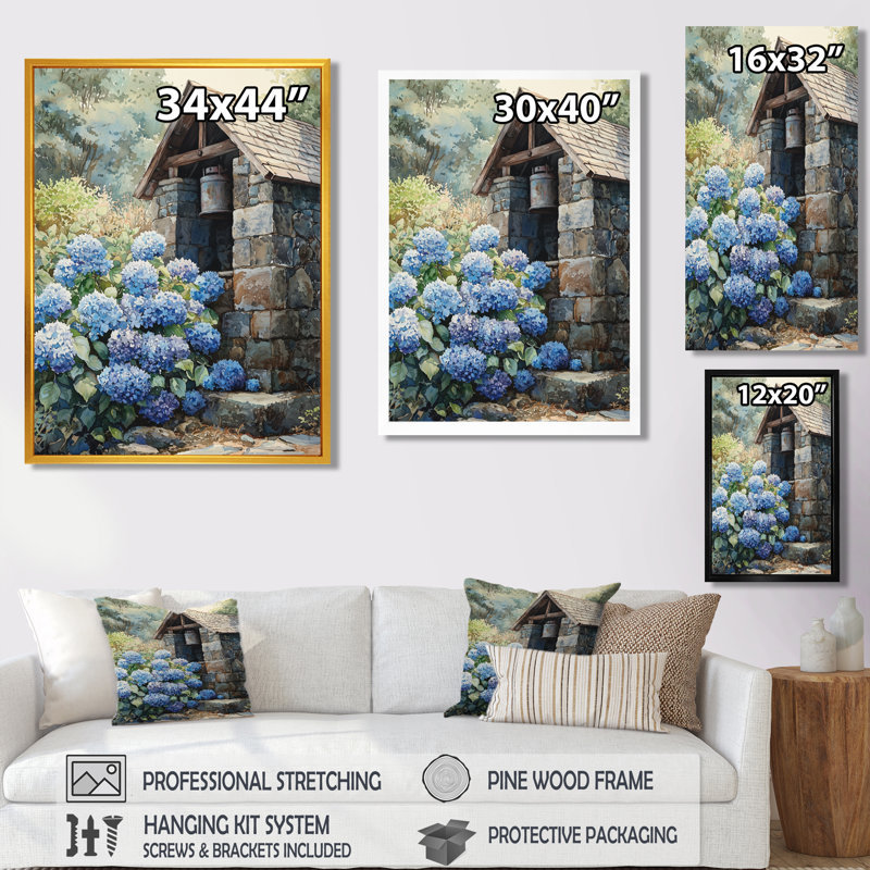 «Hydrangeas By The Farm Well II - Hydrangea», art mural, Argent argent, H 40 po x l 30 po, Reproduction avec cadre flottant