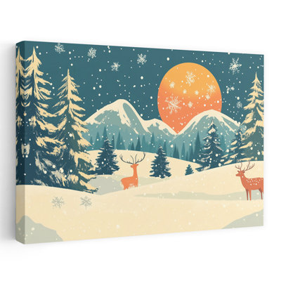 Moonlit Winter Deer Peaceful Serene Abstract Pine Tree Deer Forest Landscape Wall Art Print by Pictufy Studio IV - Wrapped Canvas Print