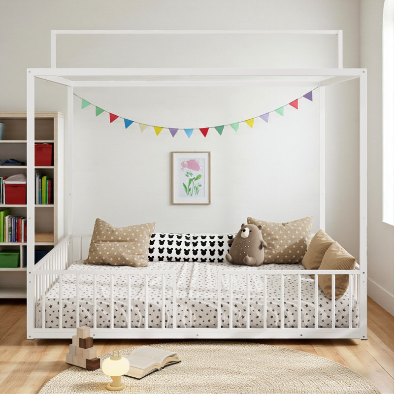 Metal Canopy Bed With Removable Fence, Full, White