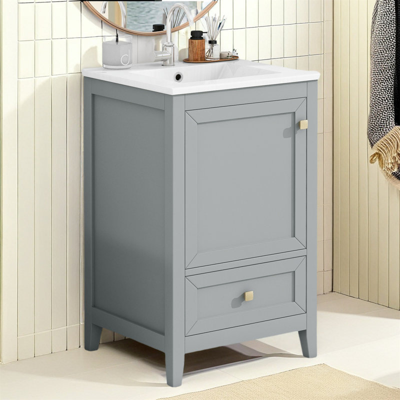 Meuble-lavabo moderne avec lavabo, support de rangement, tiroir et porte à fermeture douce, Gris