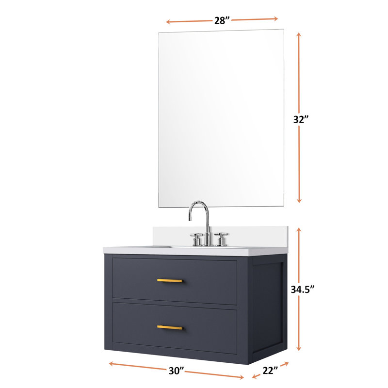 Meuble-lavabo bleu 30 po x 22 po, quartz blanc, 28 po Miroir et robinet 30 po x 22 po avec comptoir en quartz, Bleu