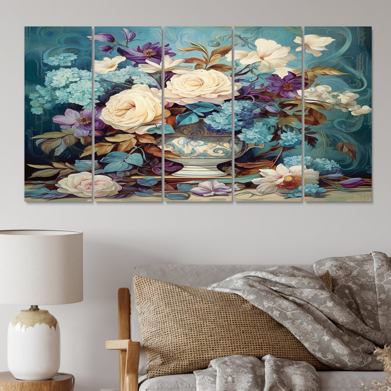 «Retro Collage Blossoming Wildflowers I» - impression d'art mural fleurs sauvages - 5 panneaux égaux