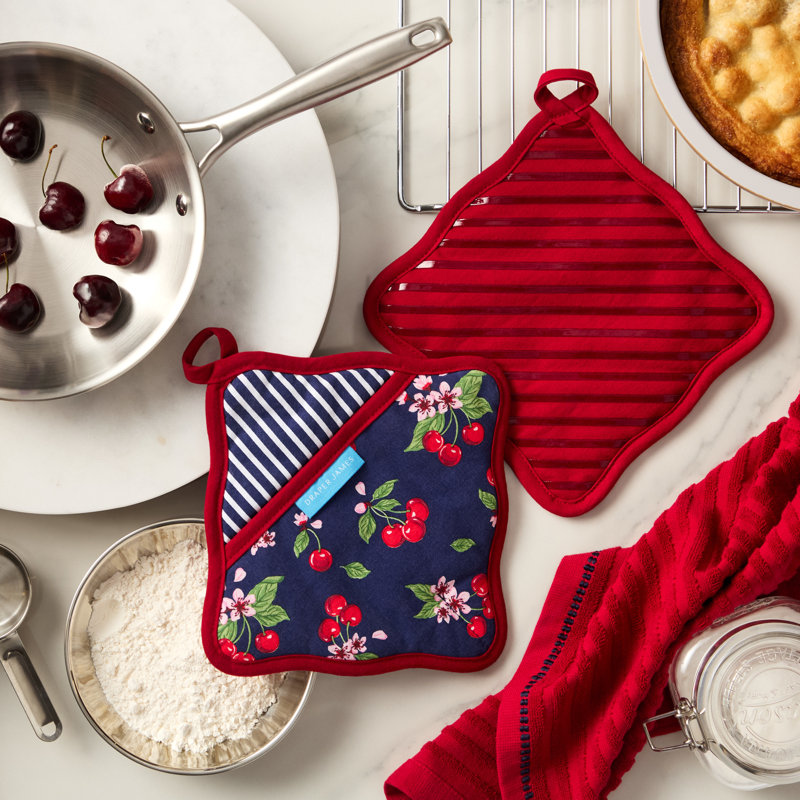 DRAPER JAMES Cherry Blossom Scallop Edge Pot Holder 2-Pack Set, Heat Resistant & Non-Slip Silicone Grip, Navy/Red, 8"x8"
