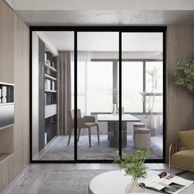 3 Panel Clear Glass Room Dividers, Sliding Doors