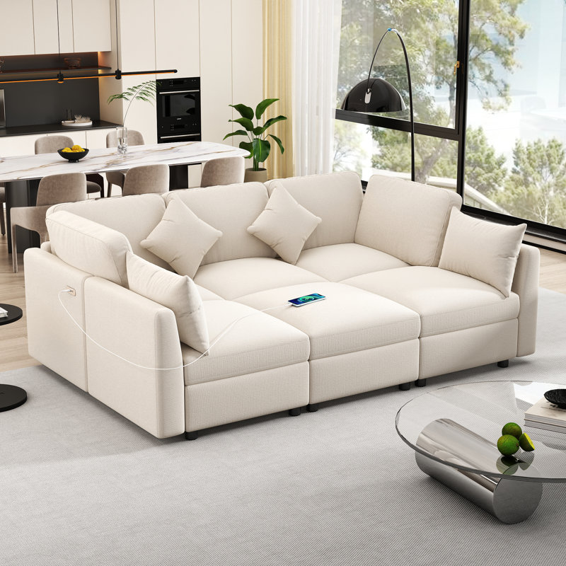 Canapé-lit modulaire rembourré 6 pièces Virelle, Chenille beige