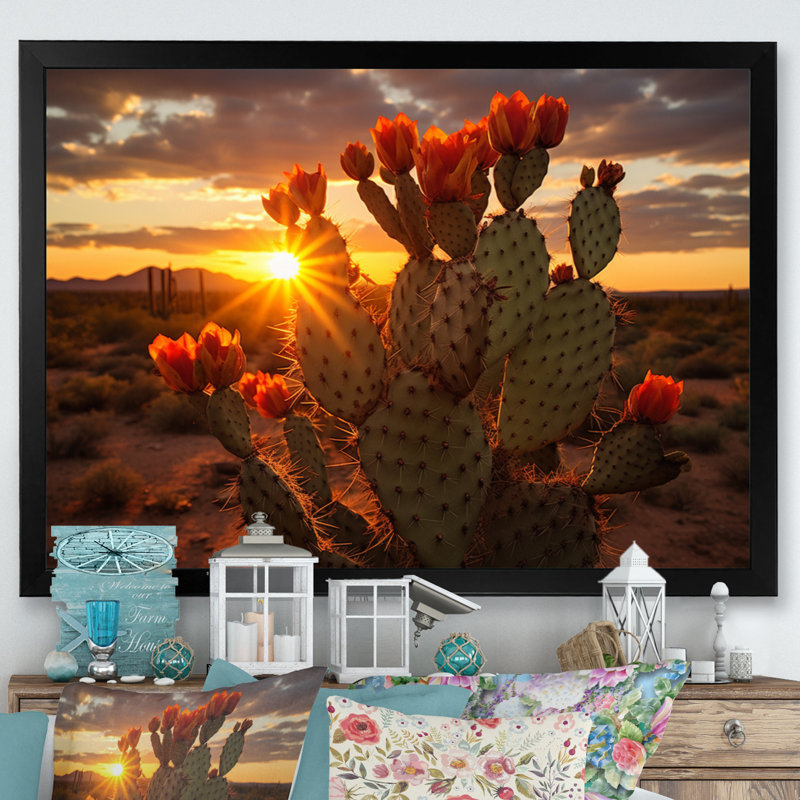 Champ de cactus rouge et vert avec coucher de soleil III - impression, H 24 po x l 32 po x P 1 po, Cadre simple noir
