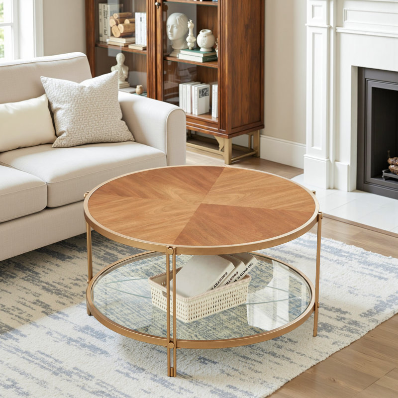 Table basse ronde en bois 32 pouces avec plateau en verre élégant et structure en métal robuste, Or