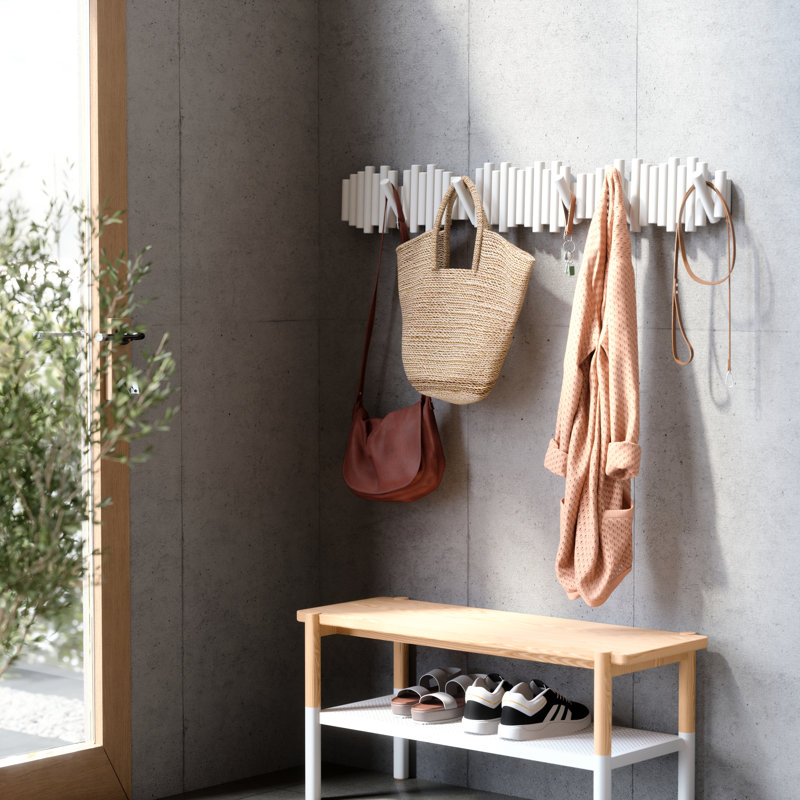Picket 5-Hook Wall-Mounted Wooden Coat Rack with Adjustable Flip-Down Hooks, White