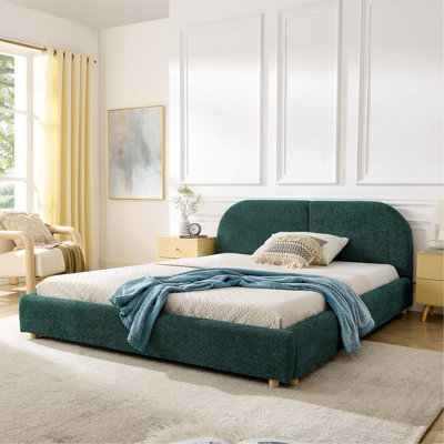 Structure de lit tapissier pour grand lit, style minimaliste moderne avec tête de lit haute incurvée, tissu en fil de cercle de qualité supérieure et support de pieds robuste, matelas non inclus