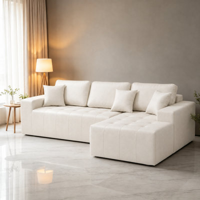 Faux Leather L-Shaped Compression Sectional Sofa, 4 Seat Reversible Corner Chaise Couch, No Assembly Expandable Modular Sofa with High Density Resilient Polyurethane Foam, Beige for Living Room Apartment Guest Room