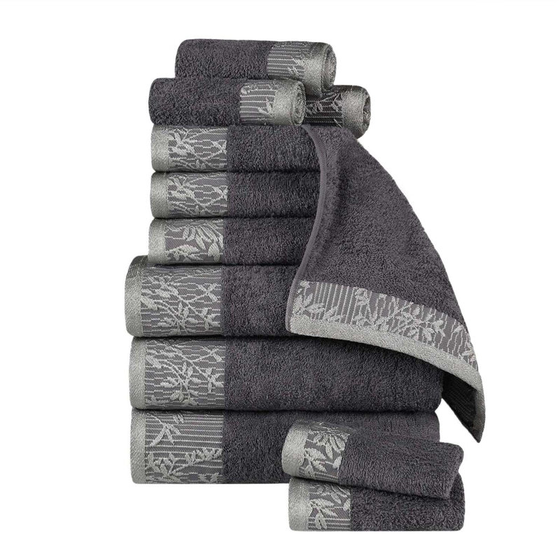 Carinna Cotton Medium Weight Floral Jacquard Border Assorted Bathroom Towel Set, Gray, 12 Piece Towel Set