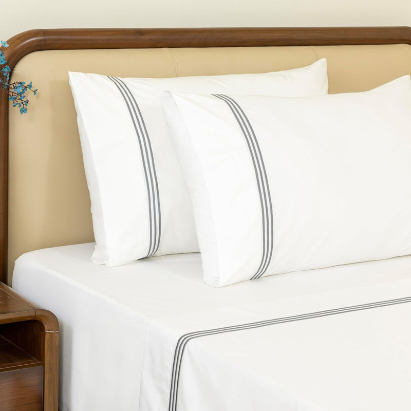 Dreamology 100% Cotton Percale Embroidered Sheets Set, King Size, Cool, Soft, Breathable & Crisp Bedsheet & Pillowcase with Deep Pocket Up to 16 Inches (Grey)