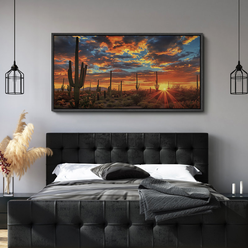 Desert Sunset with Cacti Modern Art, 30" H x 60" W, Black
