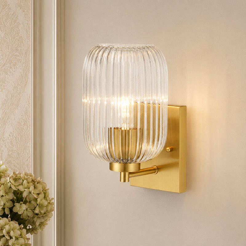 Brass Wall Light with Ribbed Glass Shade