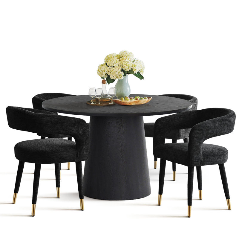5-Piece Modern Dining Set with Round Pedestal Table and Upholstered Open-Back Chairs, Black