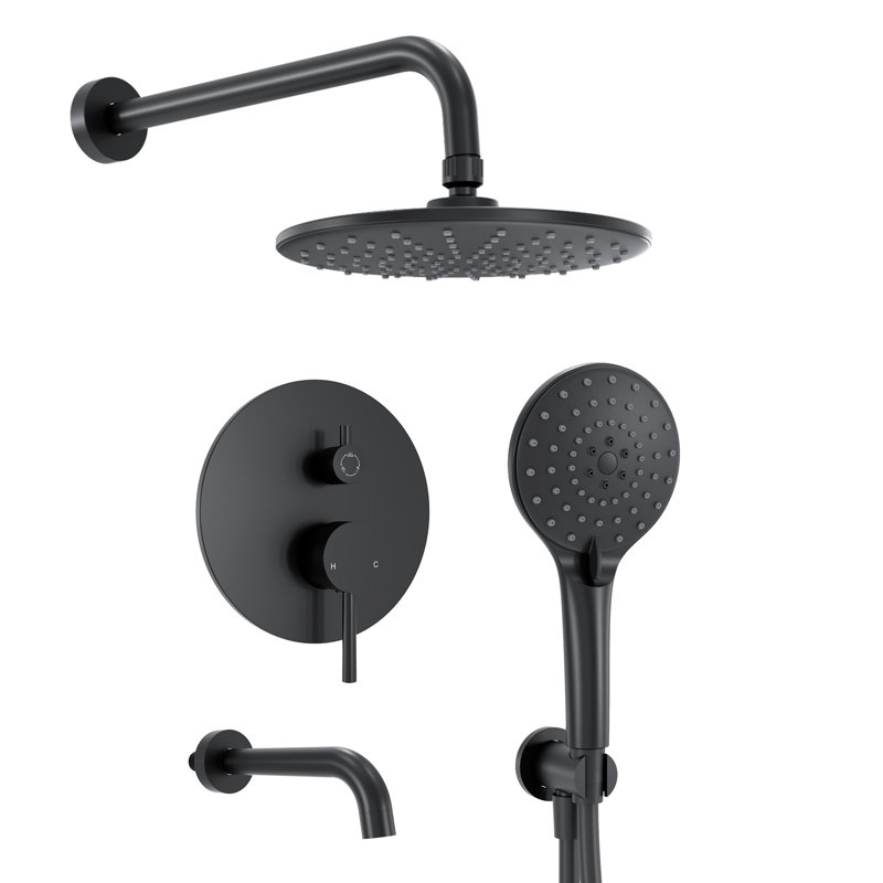 Tub and Shower Faucet Set with 9" Rainfall Shower Head and 3‑Setting Handheld Shower, Valve Included, Matte Black