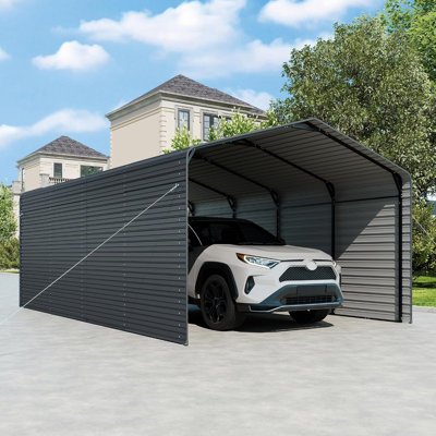 Abri de voiture en métal robuste de 12 x 20 pi, garage extérieur avec panneaux latéraux en métal, abris de voiture fermés avec tubes télescopiques améliorés, structure en acier robuste et toit galvanisé pour voitures, bateaux, rangement pour équipement, outils, gris