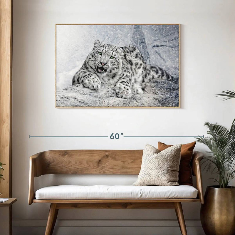 Léopard des neiges en blizzard, Cadre flottant en bois naturel, 43 po x 29 po