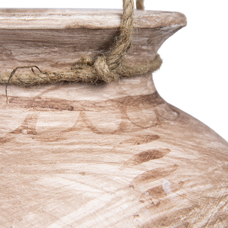 Pot à fleurs rond en argile avec motif peint et corde de jute