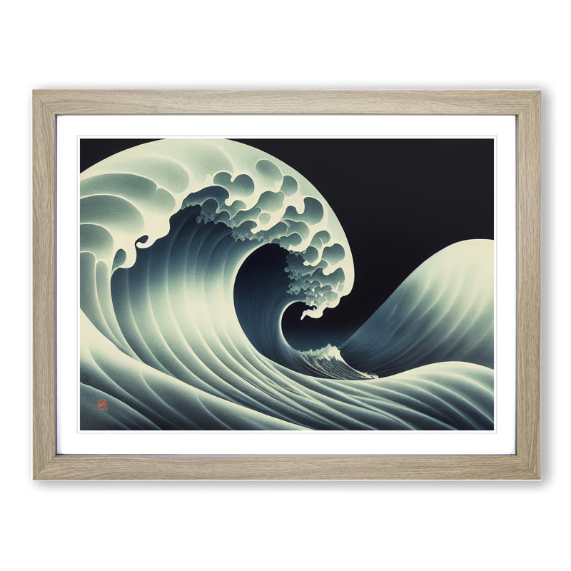 XH1022-1680X Bright Japanese Wave - Single Picture Frame Print, 34cm H x 46cm W x 2cm D, Oak Framed