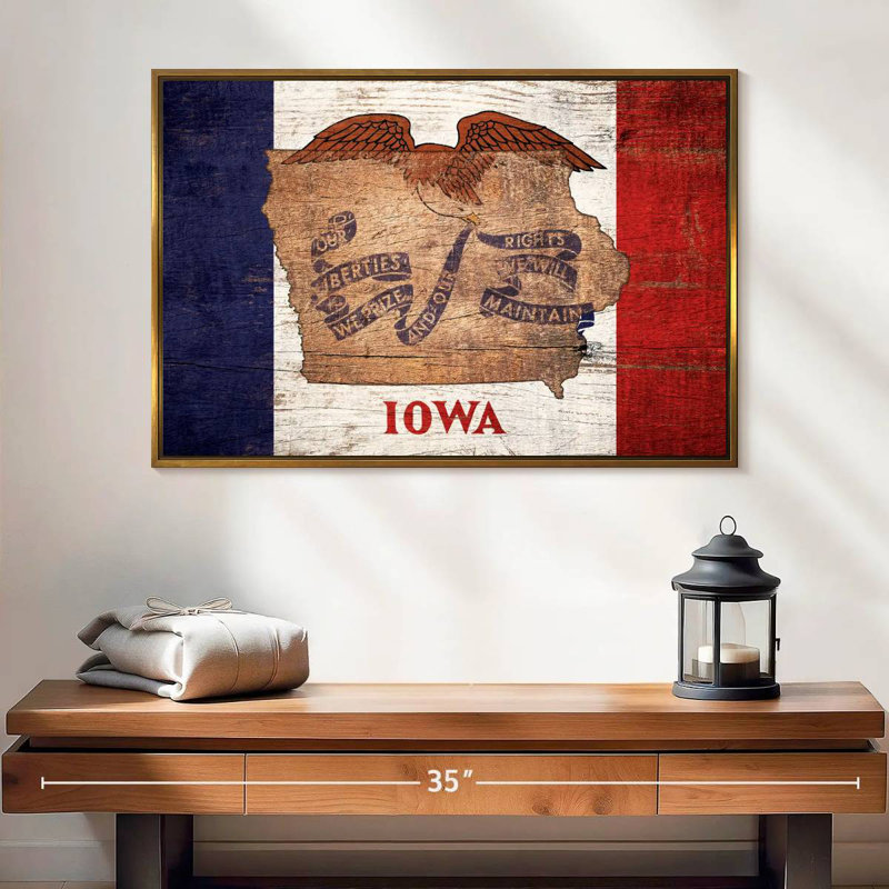 Carte d'État sur le drapeau de l'Iowa, Cadre flottant doré, 25 po x 17 po