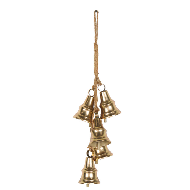 Joquita Metal Cascading Cluster Indoor Outdoor Gold Decorative Bells with Jute Hanging Rope
