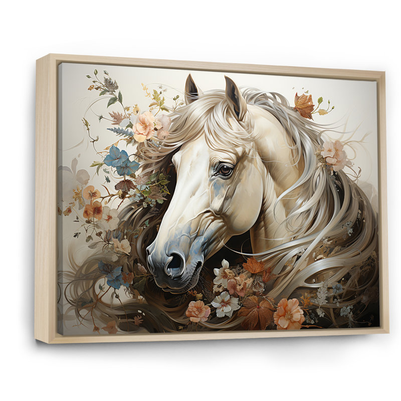 «Blooming Horse symbolism I» - art mural cheval, H 34 po x l 44 po x P 1,5 po, Cadre naturel flottant