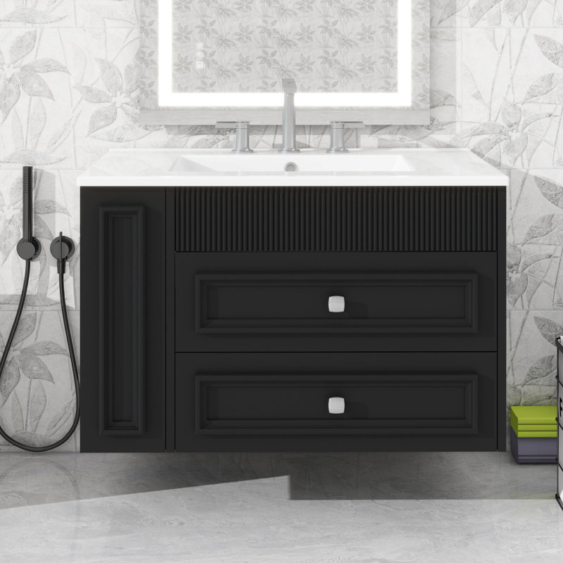 Meuble-lavabo mural moderne de 30 pouces, armoire de rangement flottante avec 2 tiroirs et lavabo simple en céramique, Noir