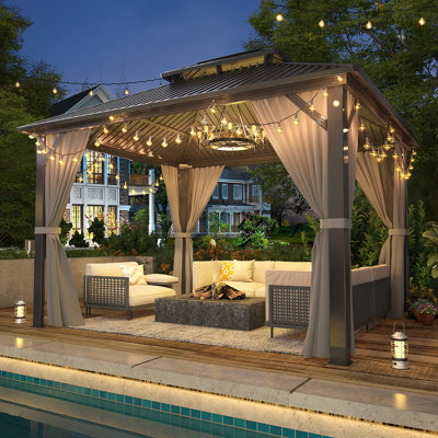 10 ft. W x 12 ft. D Gray Aluminum Hardtop Gazebo with Galvanized Steel Roof, Nettings and Curtains