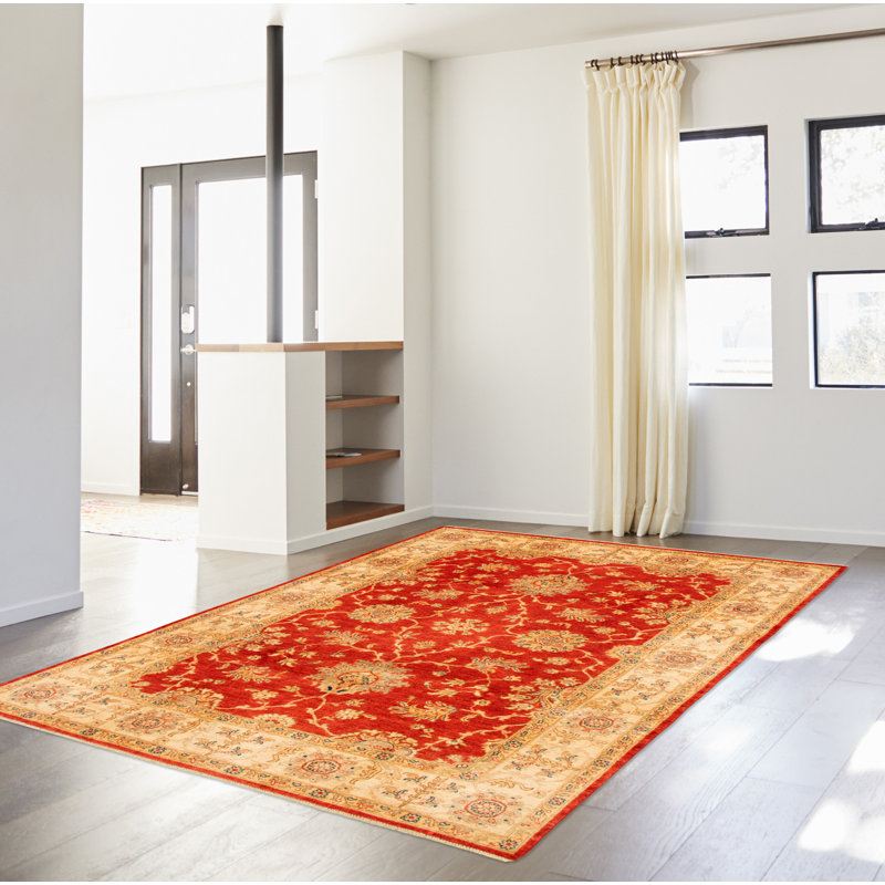Tapis décoratif en laine noué à la main de conception unique 6 pi 8 po x 9 pi 9 po « New Age » rouge/Ivoire/orange
