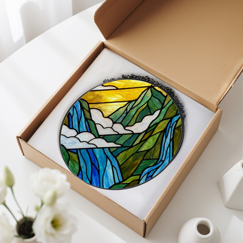 Panneau de vitrail 12 "H Mountain Landscape, H 12 po x l 12 po