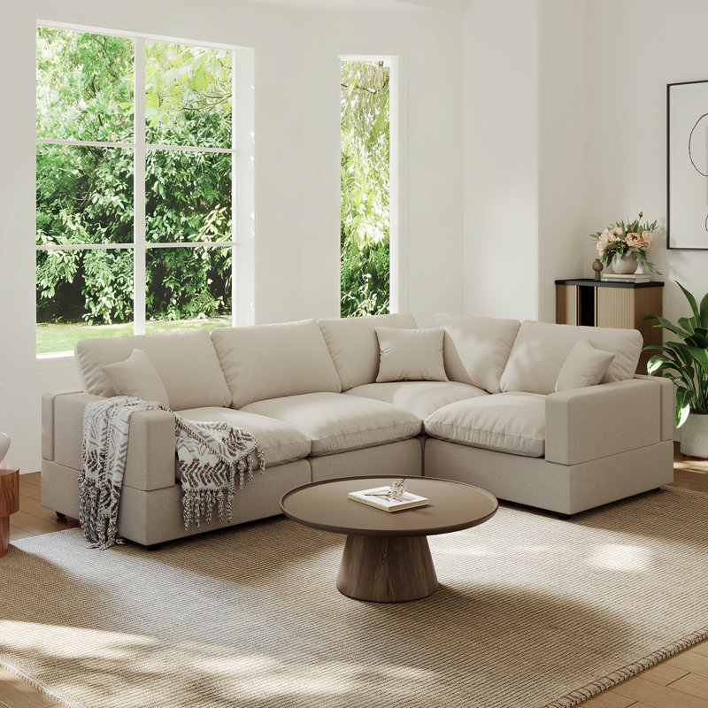 Upholstered Cloud Couch, Modular Sectional Sofa L-shaped Couch for Living Room Bedroom, Khaki