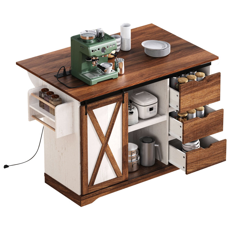 Îlot de cuisine 55,5 po avec abattant, chariot roulant, rangement pour porte de grange et support à épices intégré, blanc