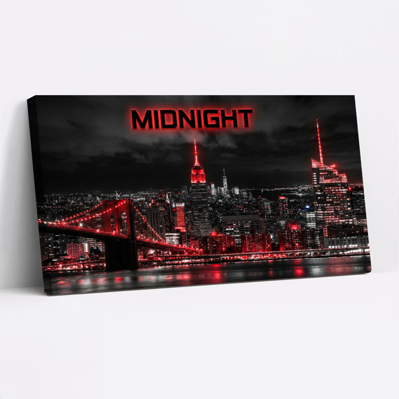 Tableau sur toile tendue représentant un paysage urbain nocturne illuminé par des néons rouges (lot de 1), H 16 po x l 32 po