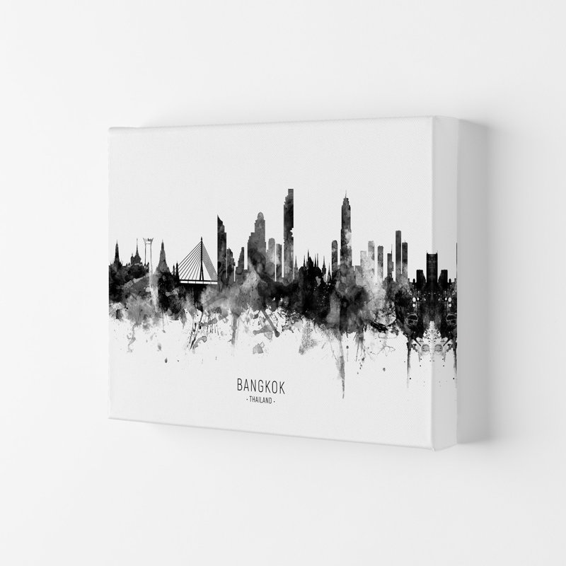 Bangkok Thailand Skyline Black White City Name by Michael Tompsett - Print, 59.4cm H x 84cm W x 4cm D, Wrapped Canvas