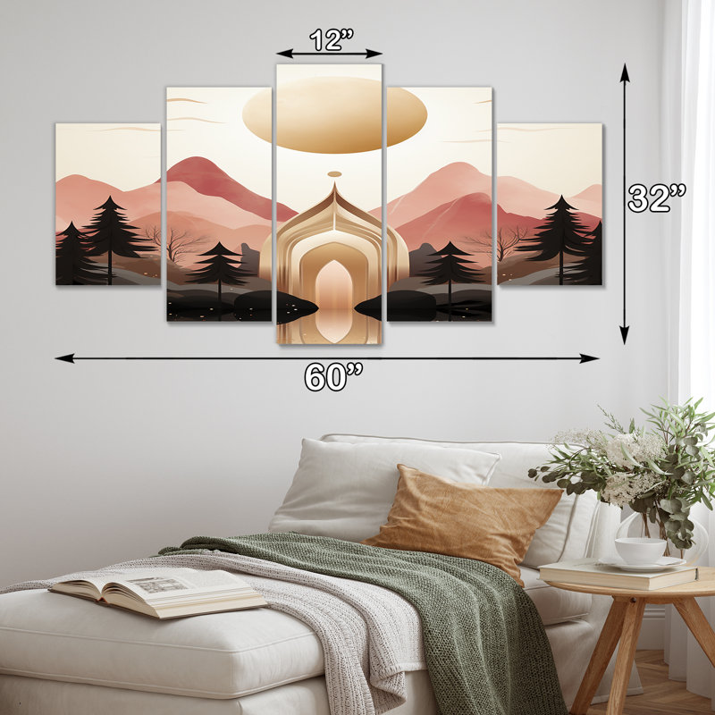 Portail de montagne Golden Moon Forest - paysage abstrait, art mural 5 pièces, H 32 po x l 60 po
