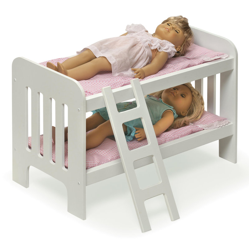 White and Pink Gingham Wooden Doll Bunk Bed with Ladder
