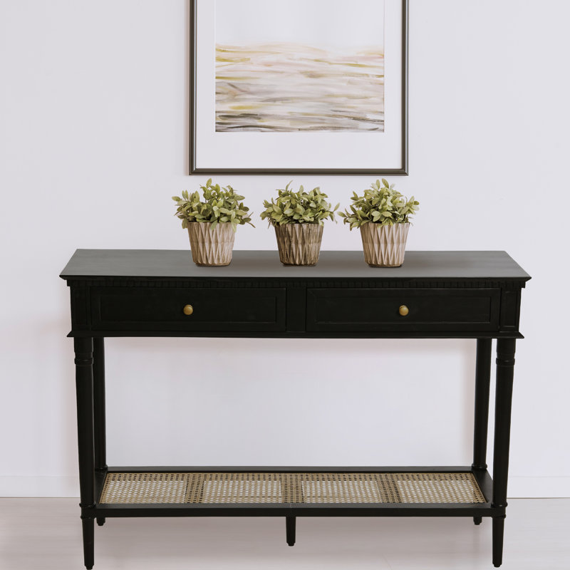 Console en bois massif Ayleena Maxwelton avec 2 tiroirs et tablette de rangement, Noir