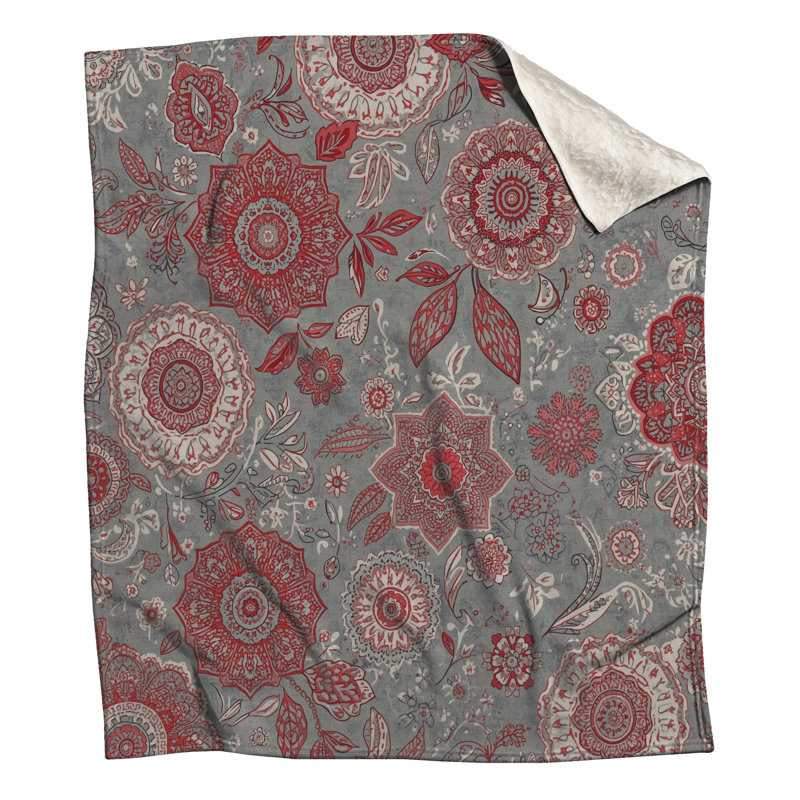 Red Gray Floral Pattern Blankets, 50in W x 60in H